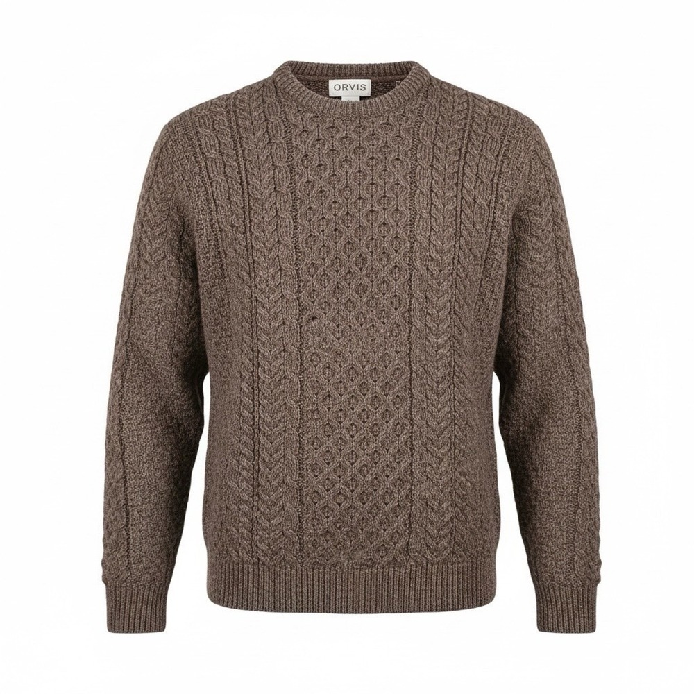 Orvis Wool Sweater‎ Mens XL Brown Cable Knit Crewneck Ireland Fishermans Vtg